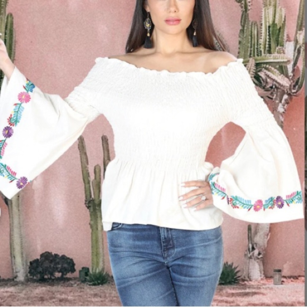 Handmade artisan womens Mexican embroidered off shoulder cotton blouse 2XL - Picture 12 of 13